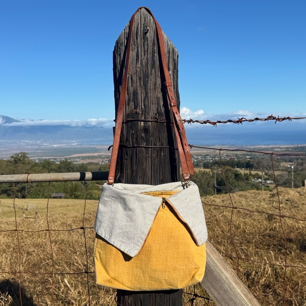 Treehouse designs Maui mustard yellow handcrafted canvas leather crossbody bag